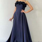 Lacivert İnce Askılı Çiçek Detaylı Abiye Elbise