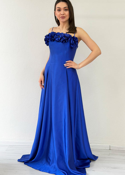 Saks Mavi İnce Askılı Çiçek Detaylı Abiye Elbise