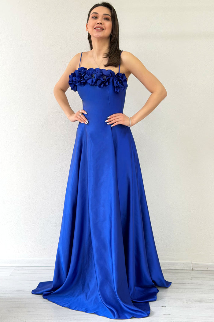 Saks Mavi İnce Askılı Çiçek Detaylı Abiye Elbise