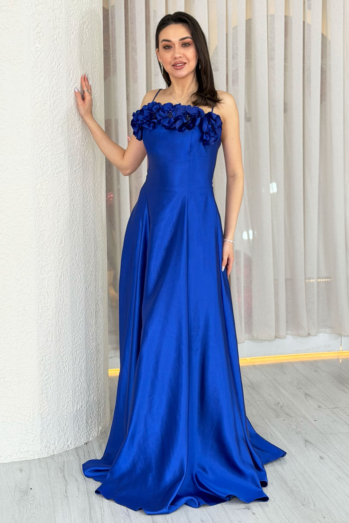 Saks Mavi İnce Askılı Çiçek Detaylı Abiye Elbise