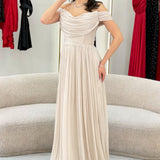 Bej  Düşük Omuz Drapeli Abiye Elbise