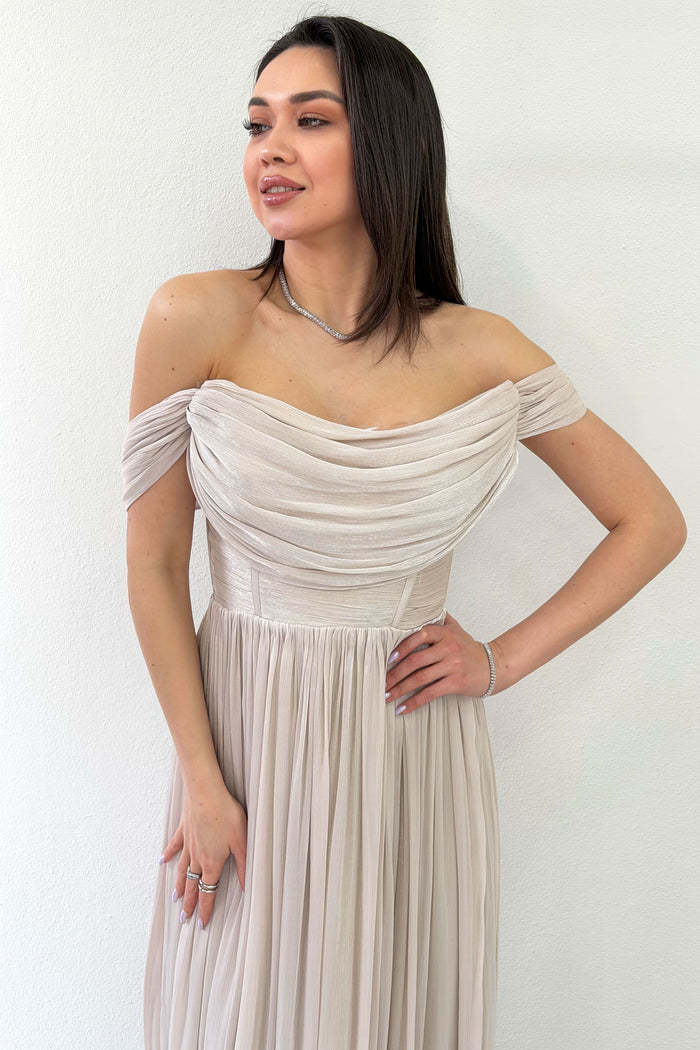 Bej  Düşük Omuz Drapeli Abiye Elbise