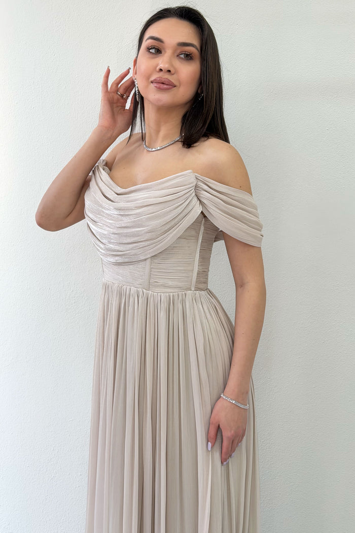 Bej  Düşük Omuz Drapeli Abiye Elbise