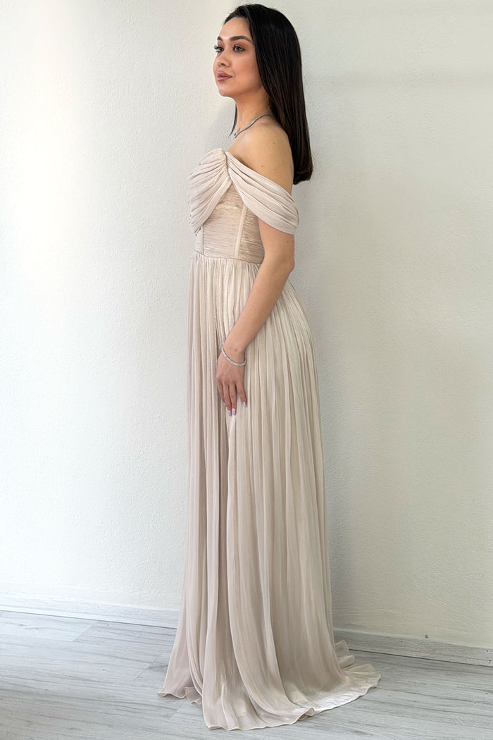 Bej  Düşük Omuz Drapeli Abiye Elbise