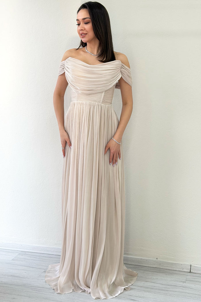 Bej  Düşük Omuz Drapeli Abiye Elbise