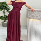 Bordo Düşük Omuz Drapeli Uzun Abiye Elbise