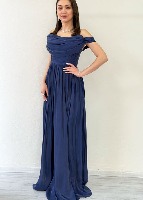 Lacivert Düşük Omuz Drapeli Abiye Elbise