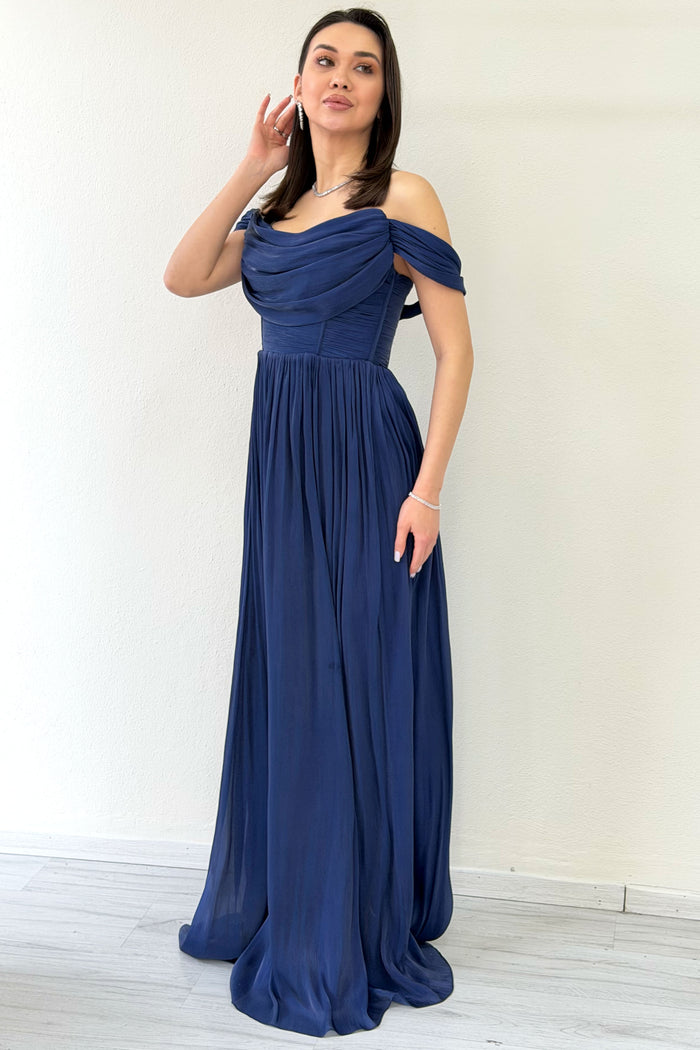Lacivert Düşük Omuz Drapeli Abiye Elbise