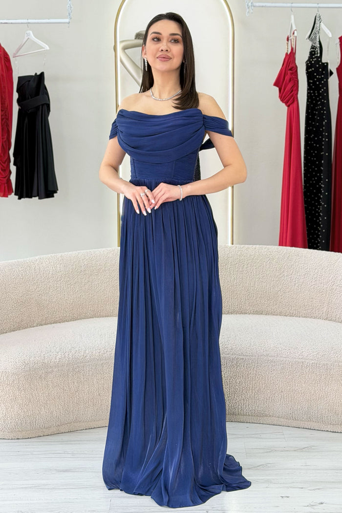 Lacivert Düşük Omuz Drapeli Abiye Elbise