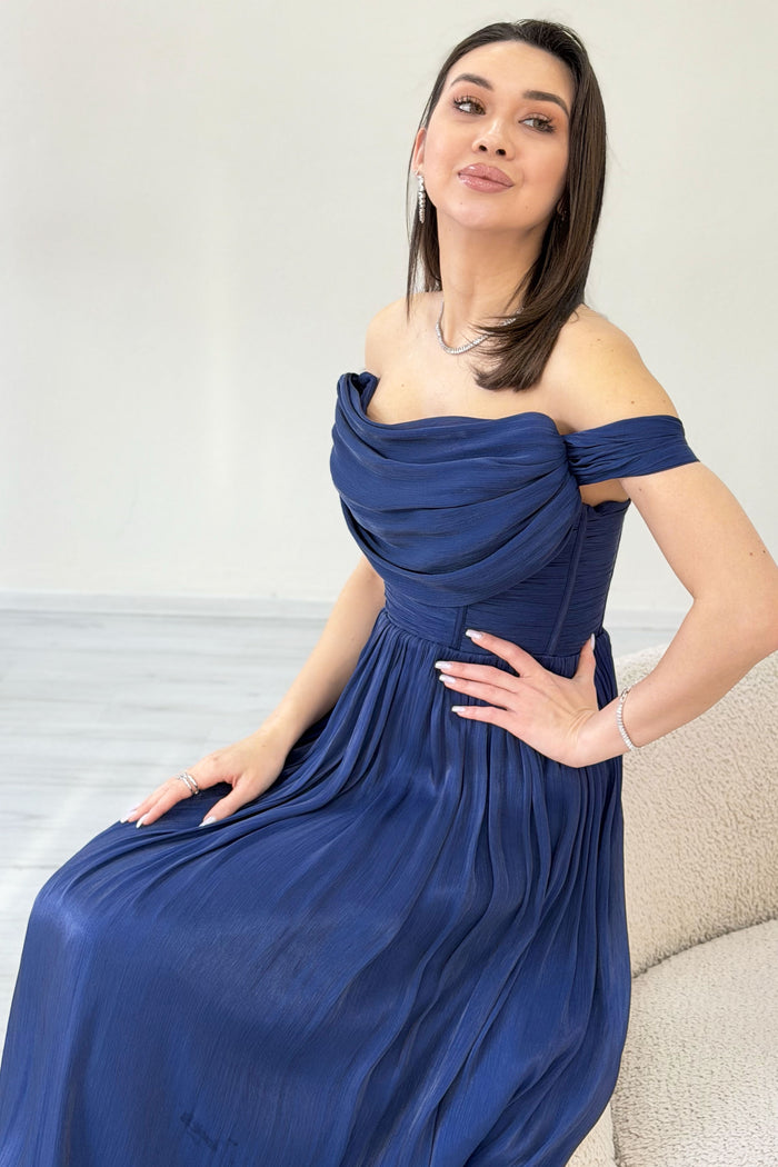 Lacivert Düşük Omuz Drapeli Abiye Elbise