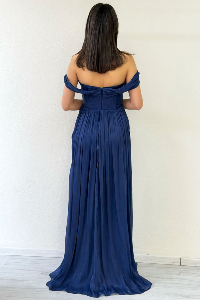 Lacivert Düşük Omuz Drapeli Abiye Elbise