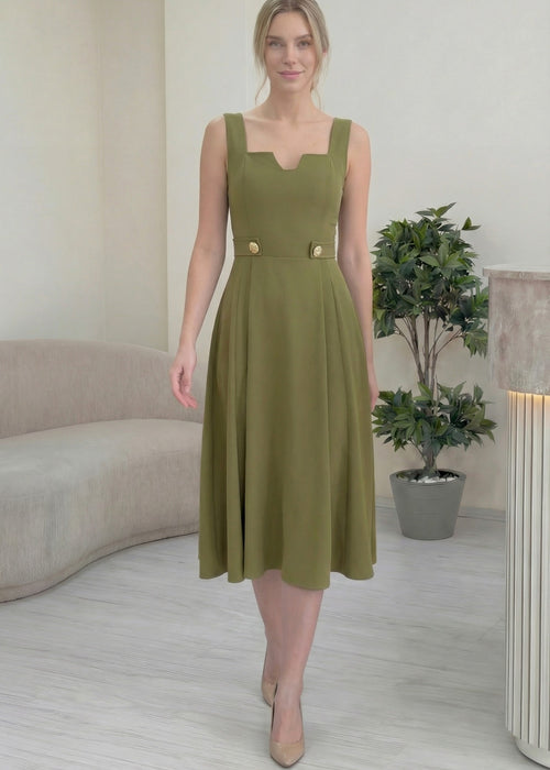 Kadın Haki Kare Yaka Düğme Detaylı Midi Boy Elbise