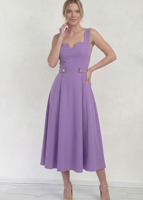 Kadın Lila Kare Yaka Düğme Detaylı Midi Boy Elbise