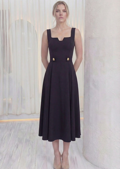 Kadın Siyah Kare Yaka Düğme Detaylı Midi Boy Elbise