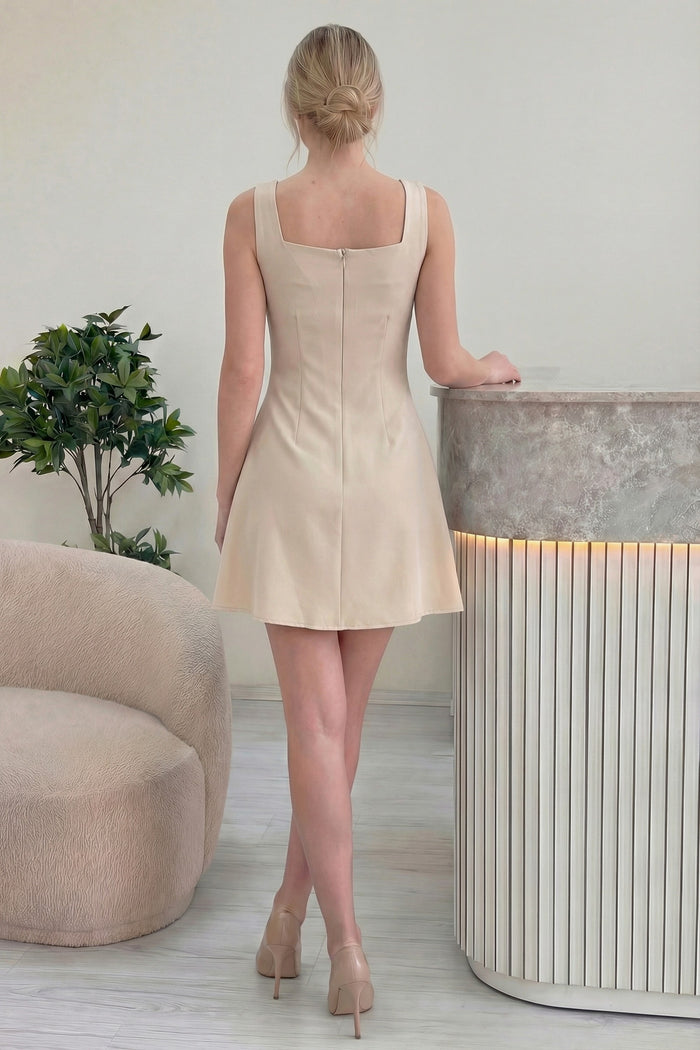Kadın Bej Düğme Detaylı Mini Elbise 