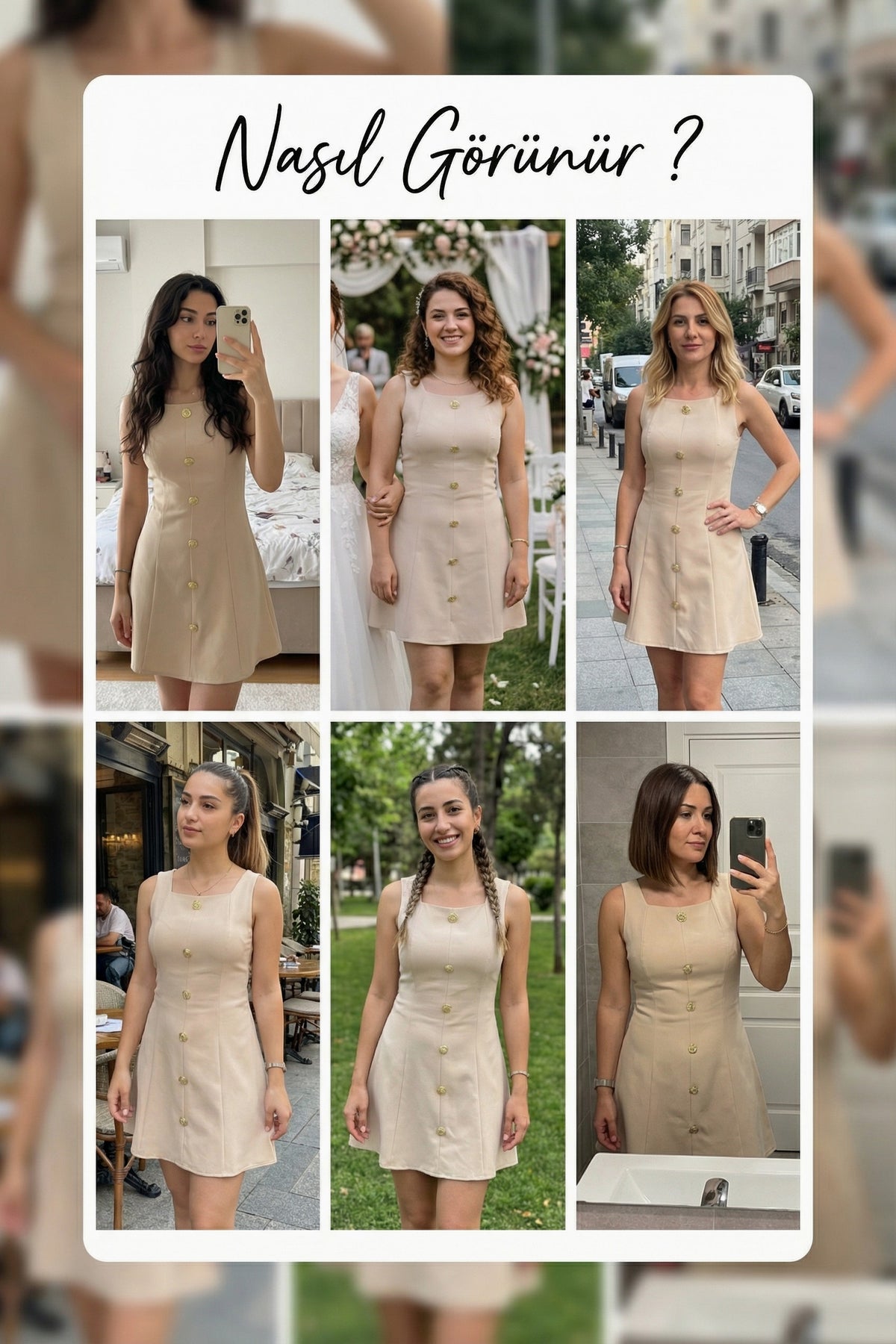 Kadın Bej Düğme Detaylı Mini Elbise 