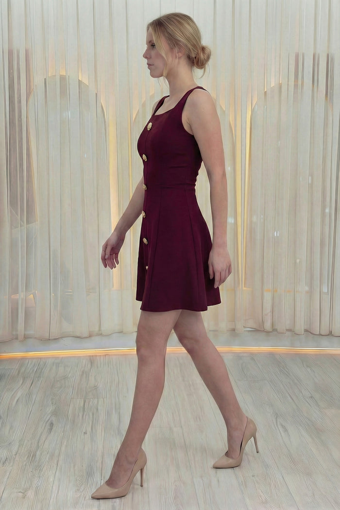 Kadın Bordo Düğme Detaylı Mini Elbise