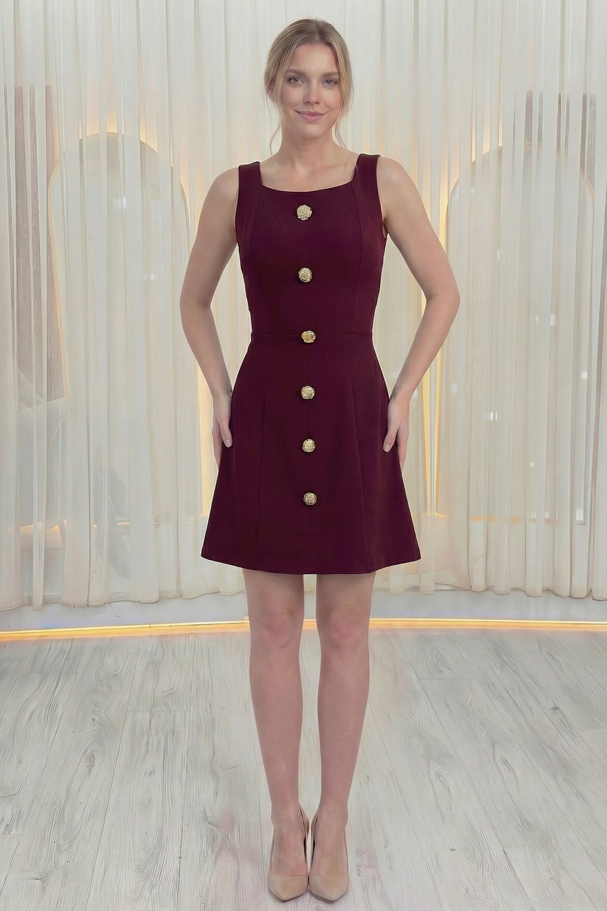 Kadın Bordo Düğme Detaylı Mini Elbise