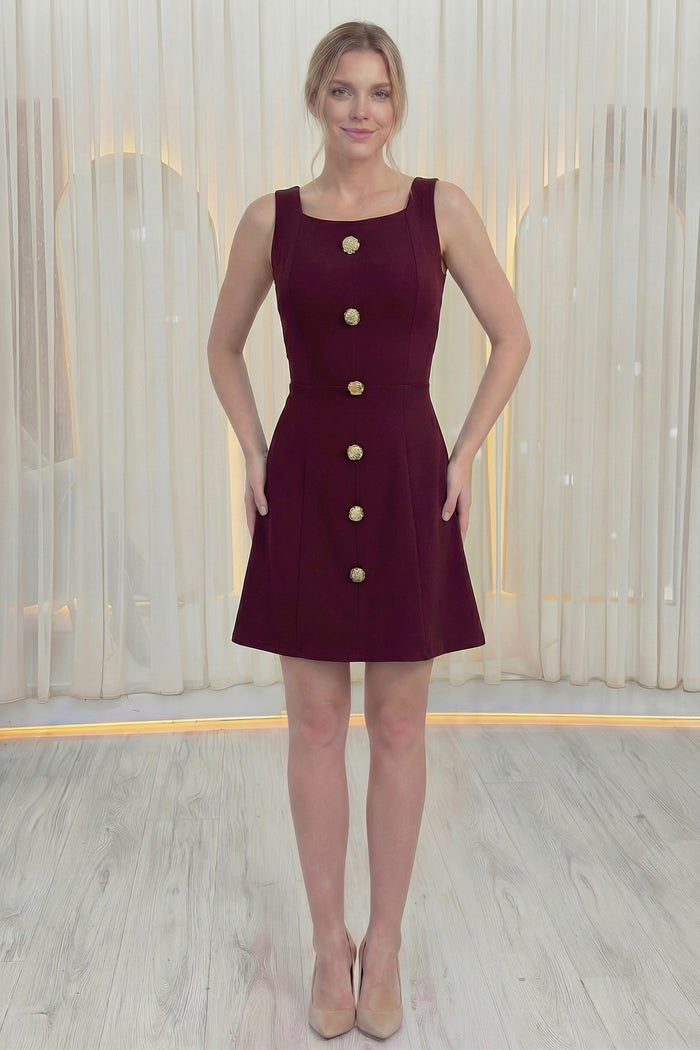 Kadın Bordo Düğme Detaylı Mini Elbise