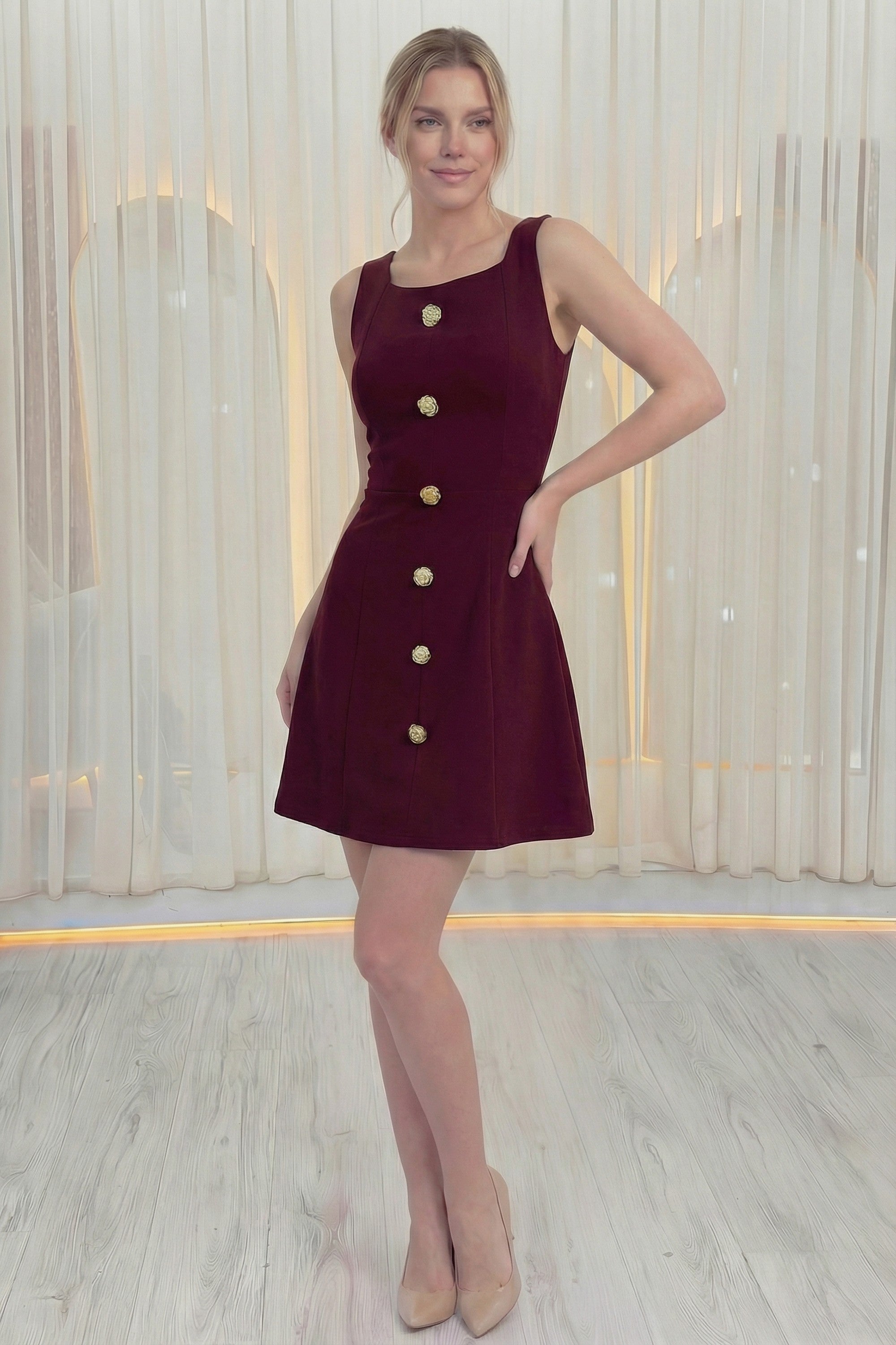 Kadın Bordo Düğme Detaylı Mini Elbise