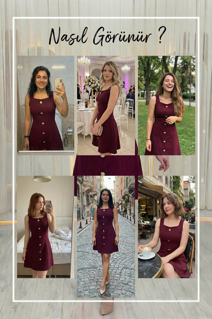 Kadın Bordo Düğme Detaylı Mini Elbise