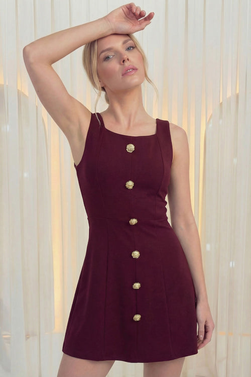 Kadın Bordo Düğme Detaylı Mini Elbise