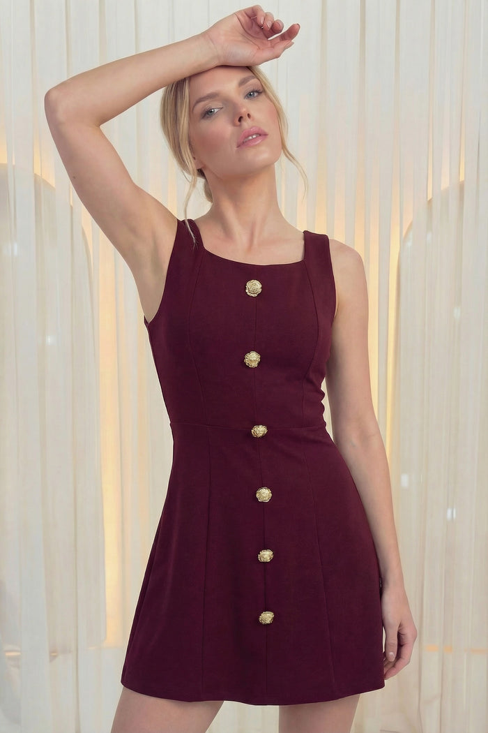Kadın Bordo Düğme Detaylı Mini Elbise