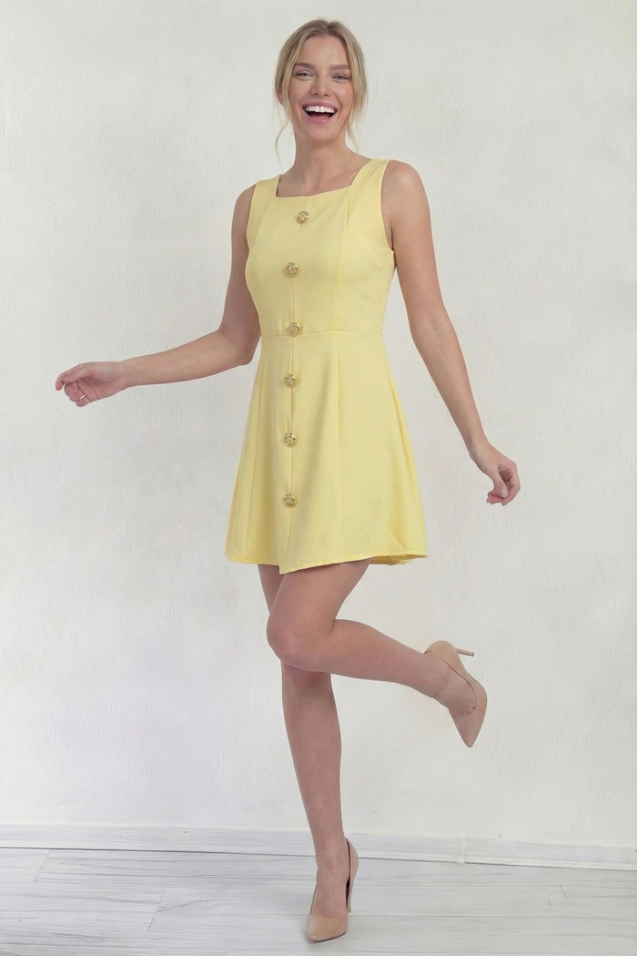 Kadın Sarı Düğme Detaylı Mini Elbise