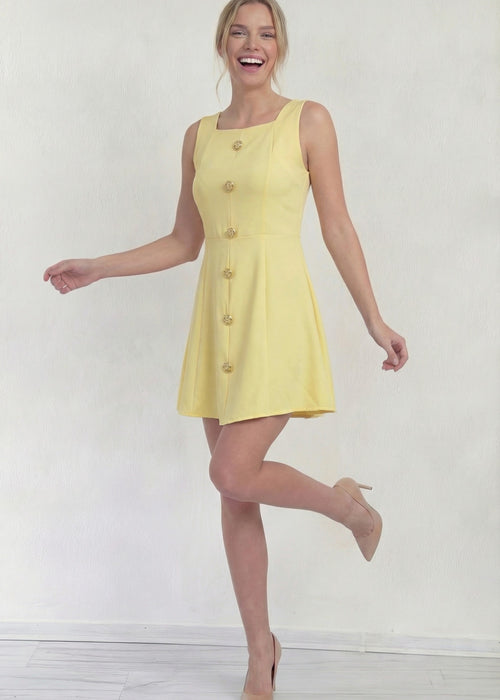 Kadın Sarı Düğme Detaylı Mini Elbise