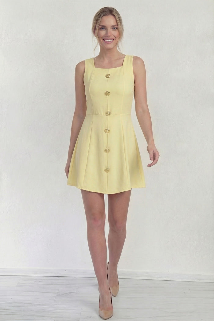 Kadın Sarı Düğme Detaylı Mini Elbise