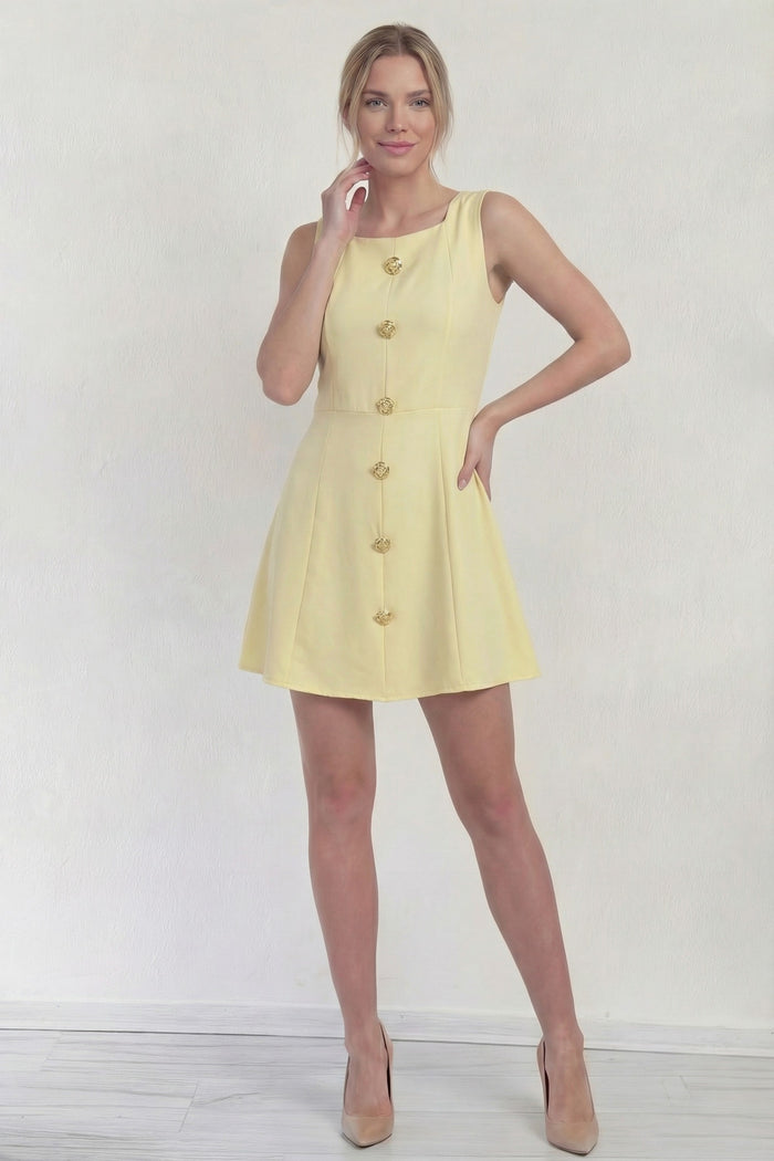 Kadın Sarı Düğme Detaylı Mini Elbise