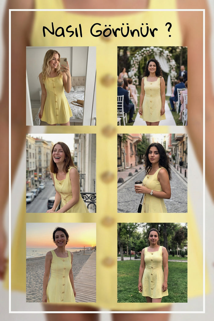 Kadın Sarı Düğme Detaylı Mini Elbise