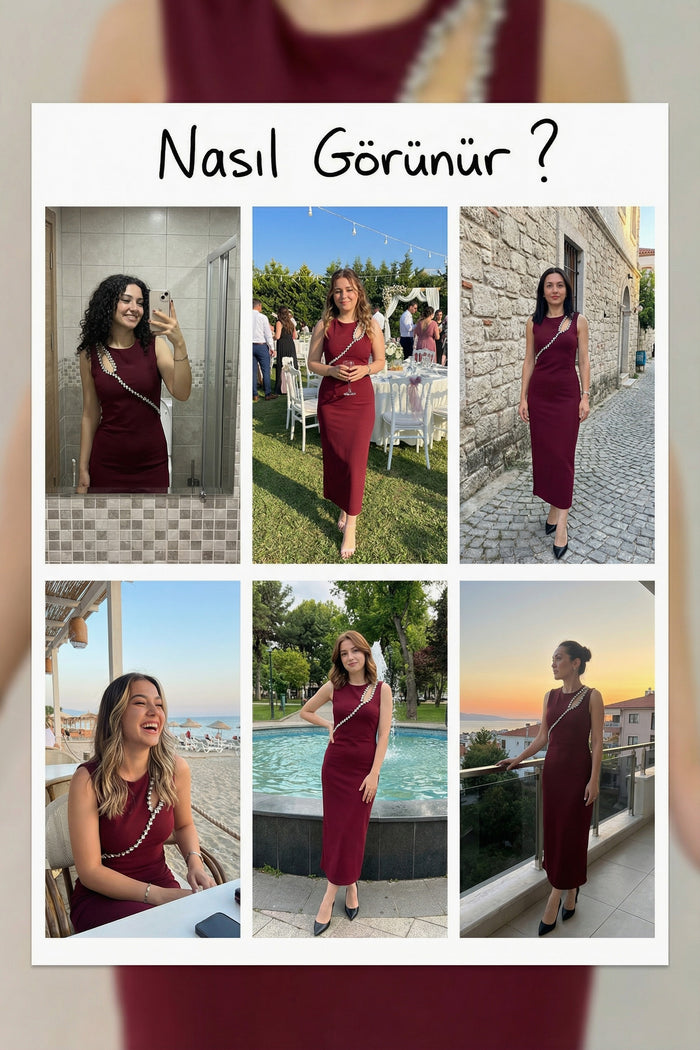 Bordo Taş Detaylı Sıfır Kol Elbise