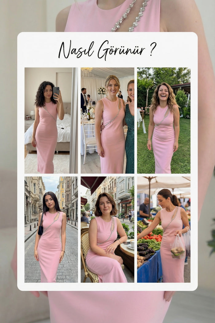 Pembe Taş Detaylı Sıfır Kol Elbise