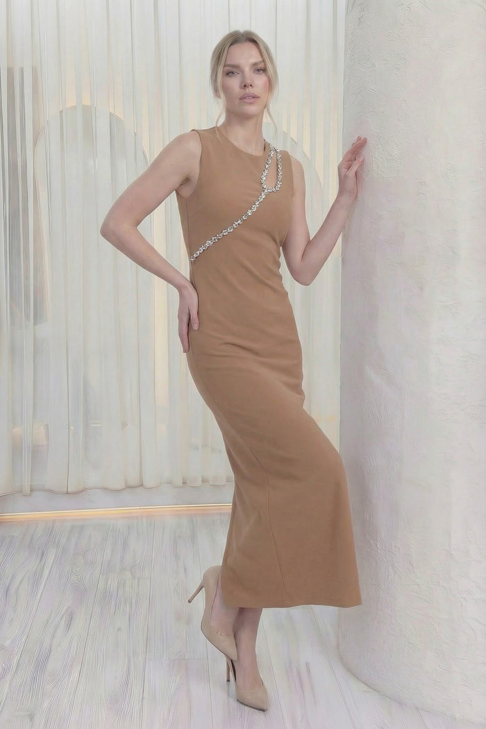 Vizon Taş Detaylı Sıfır Kol Elbise