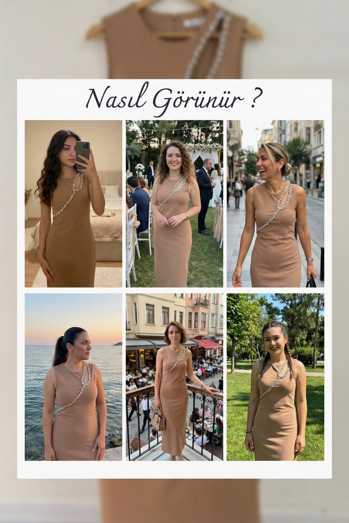 Vizon Taş Detaylı Sıfır Kol Elbise