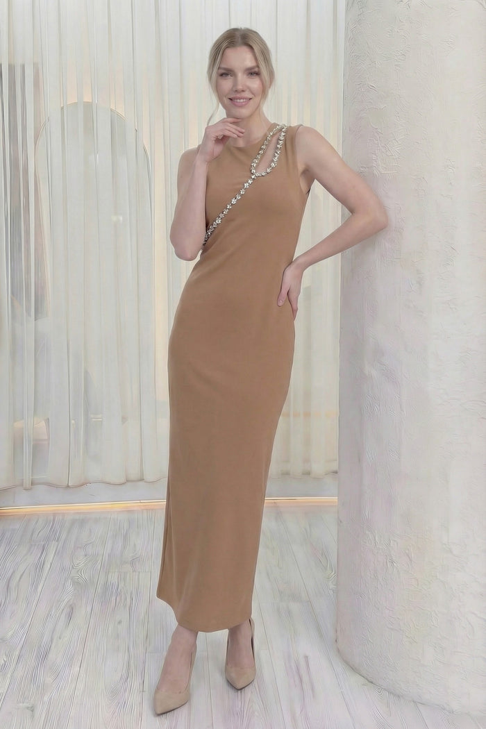 Vizon Taş Detaylı Sıfır Kol Elbise