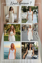 Beyaz V Yaka Pileli Midi Boy Elbise