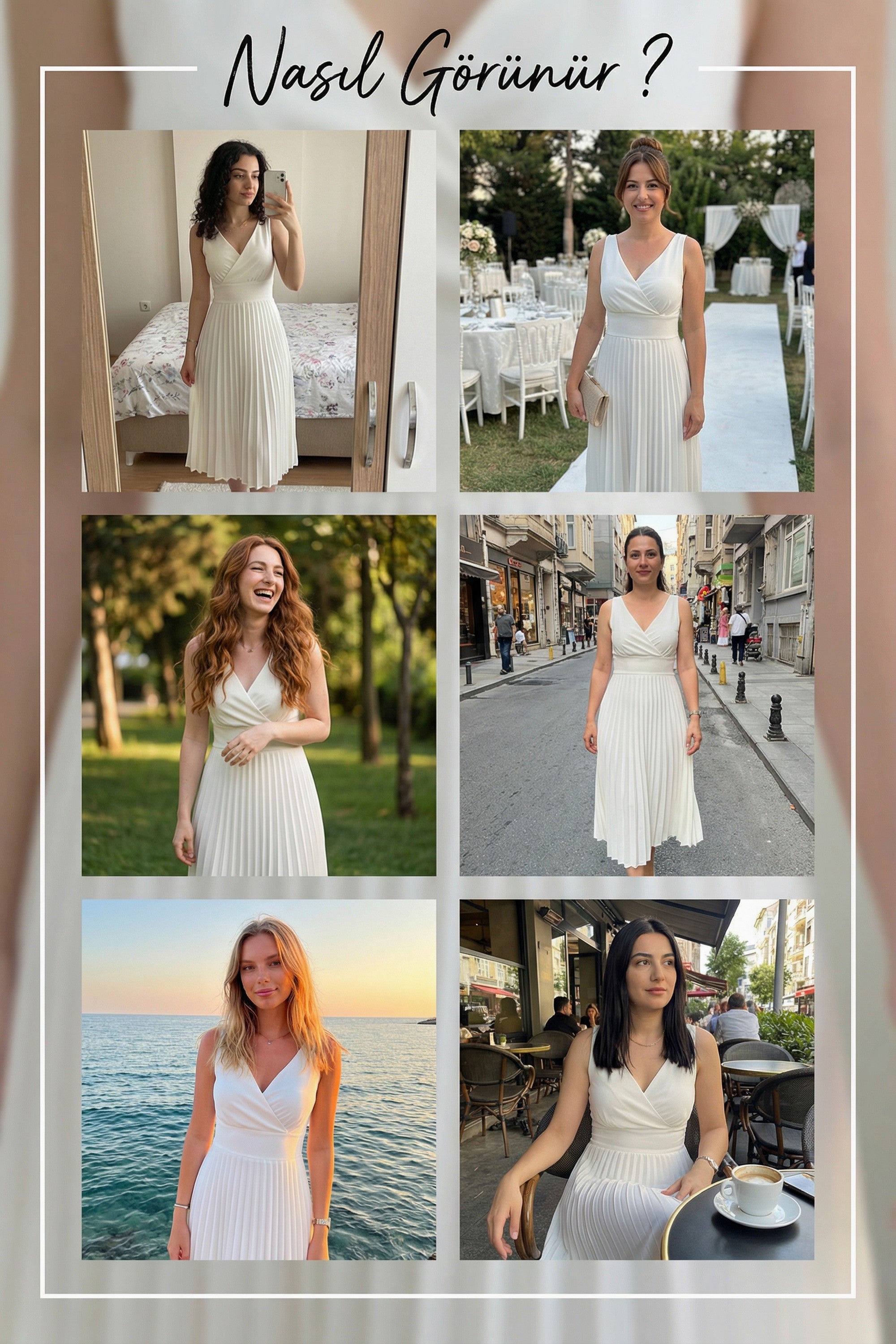 Beyaz V Yaka Pileli Midi Boy Elbise