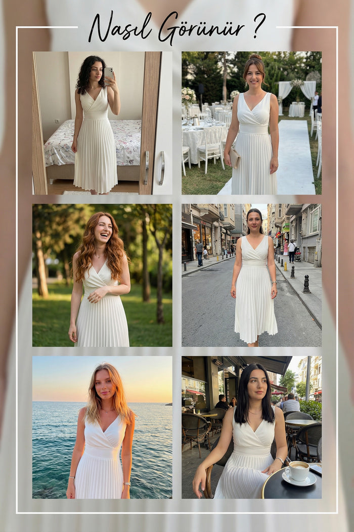 Beyaz V Yaka Pileli Midi Boy Elbise