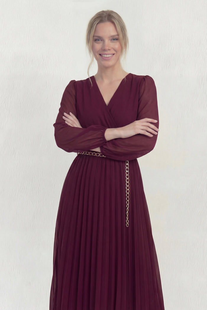 Bordo Kruvaze Yaka Piliseli Kemerli Midi Boy Elbise 