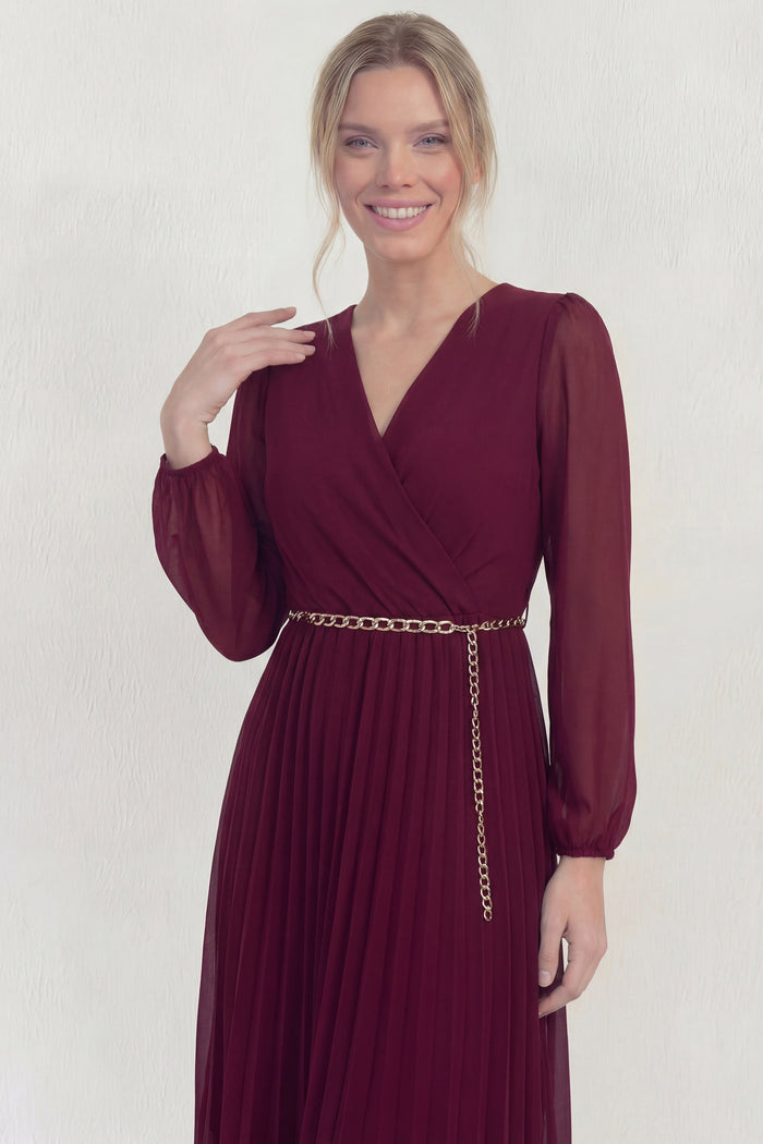 Bordo Kruvaze Yaka Piliseli Kemerli Midi Boy Elbise 