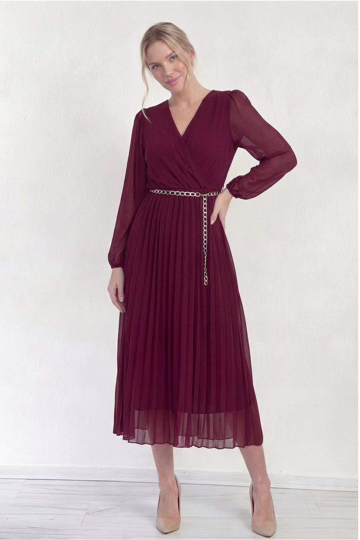 Bordo Kruvaze Yaka Piliseli Kemerli Midi Boy Elbise 