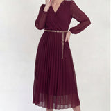 Bordo Kruvaze Yaka Piliseli Kemerli Midi Boy Elbise