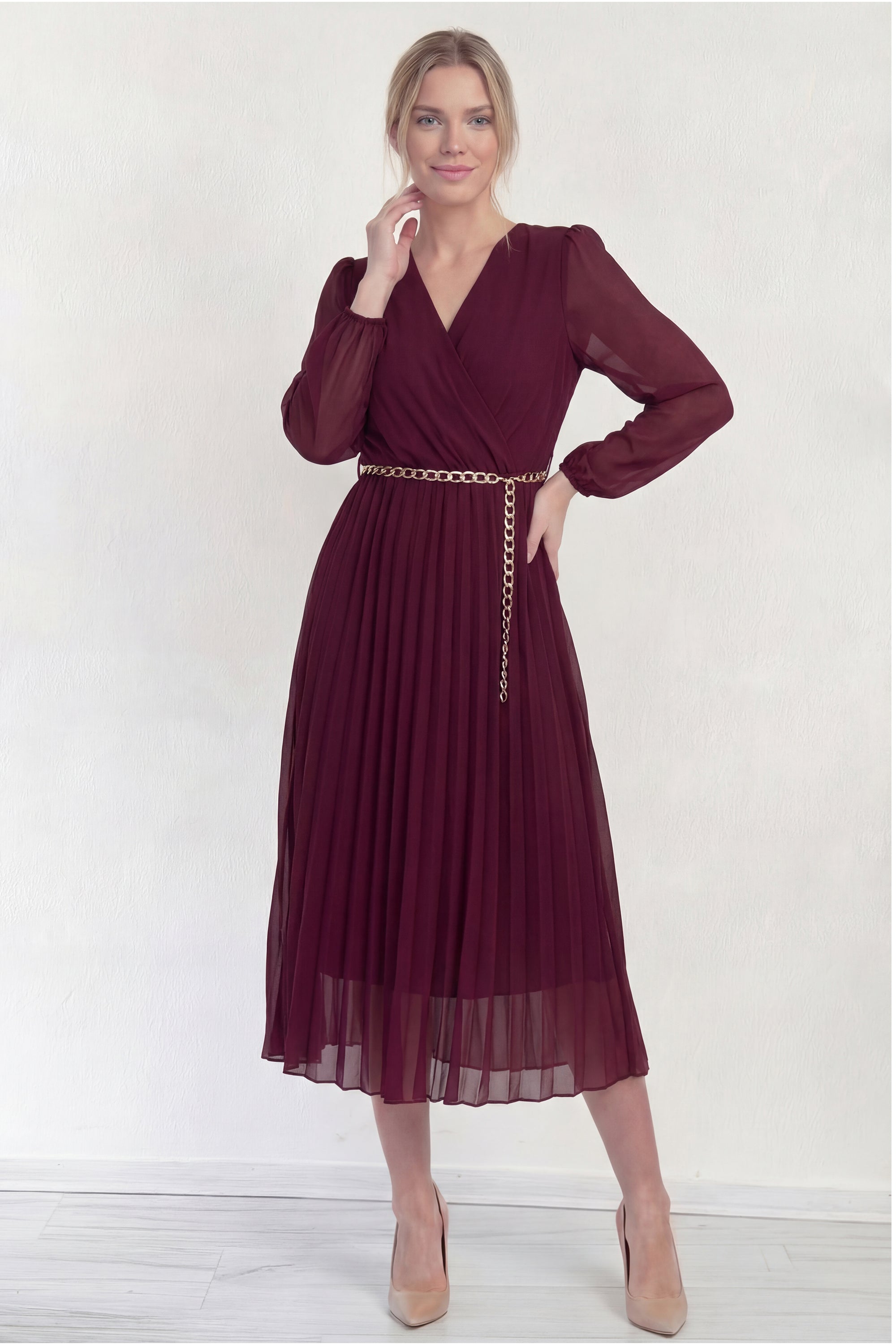 Bordo Kruvaze Yaka Piliseli Kemerli Midi Boy Elbise 