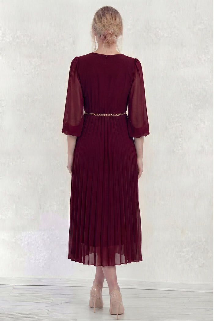 Bordo Kruvaze Yaka Piliseli Kemerli Midi Boy Elbise 