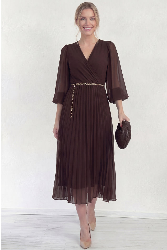 Kahverengi Kruvaze Yaka Piliseli Kemerli Midi Boy Elbise 
