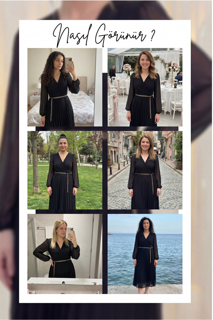 Siyah Kruvaze Yaka Piliseli Kemerli Midi Boy Elbise 