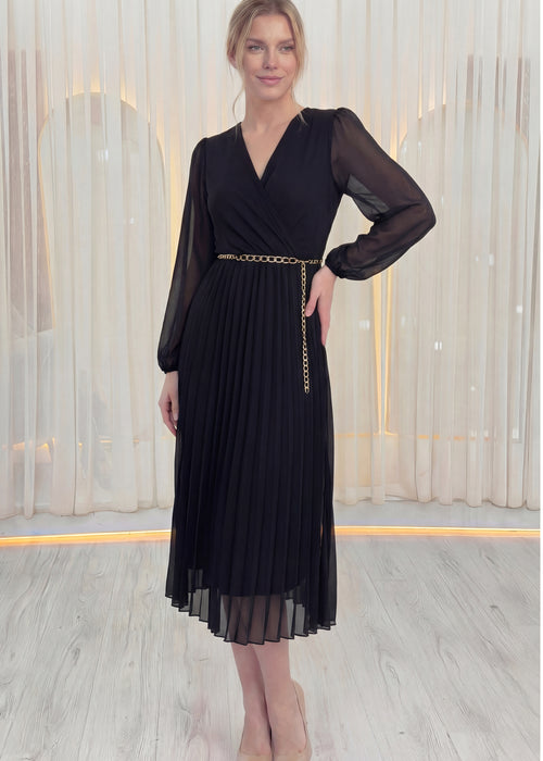 Siyah Kruvaze Yaka Piliseli Kemerli Midi Boy Elbise