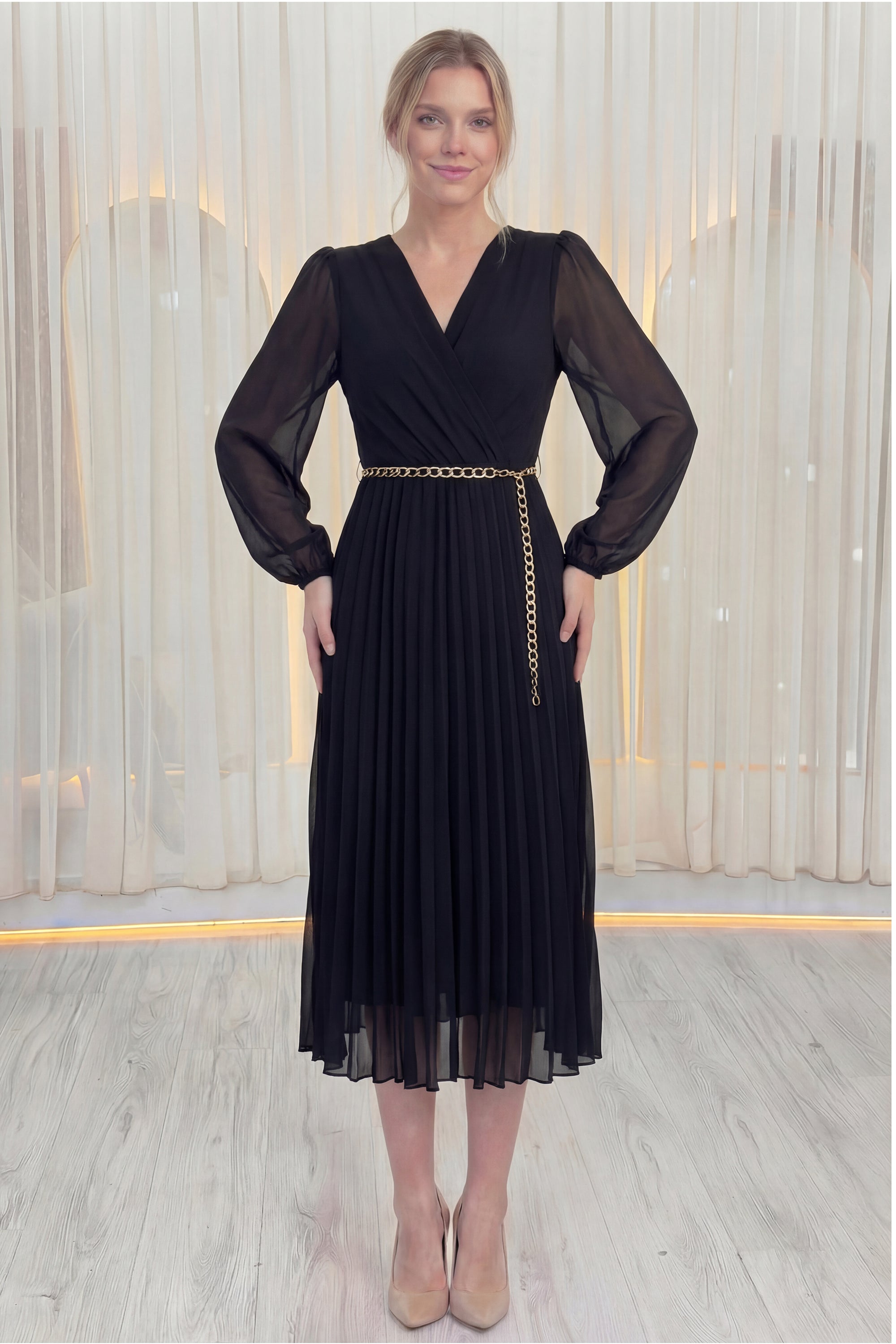 Siyah Kruvaze Yaka Piliseli Kemerli Midi Boy Elbise 